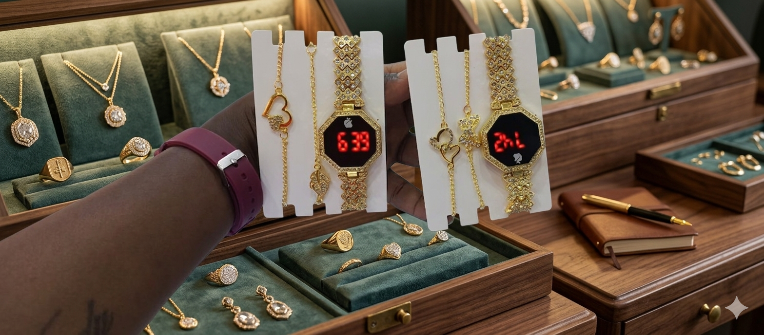 Ladies LED Watch paired with coordinating stackable bracelets.a watch comes as  set with multiple stackable bracelets, often including heart shaped charms or leaf motifs gold-tone watch with a crystal