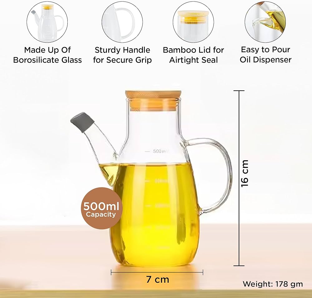 900ml Automatic Oil Dispenser/Pot with Wooden Lid and Handle Leak-Proof Transparent Cooking Oil Bottle for Kitchen, Salad, Vinegar, and Frying use drip-free spout to ensure mess-free dispensing of oil