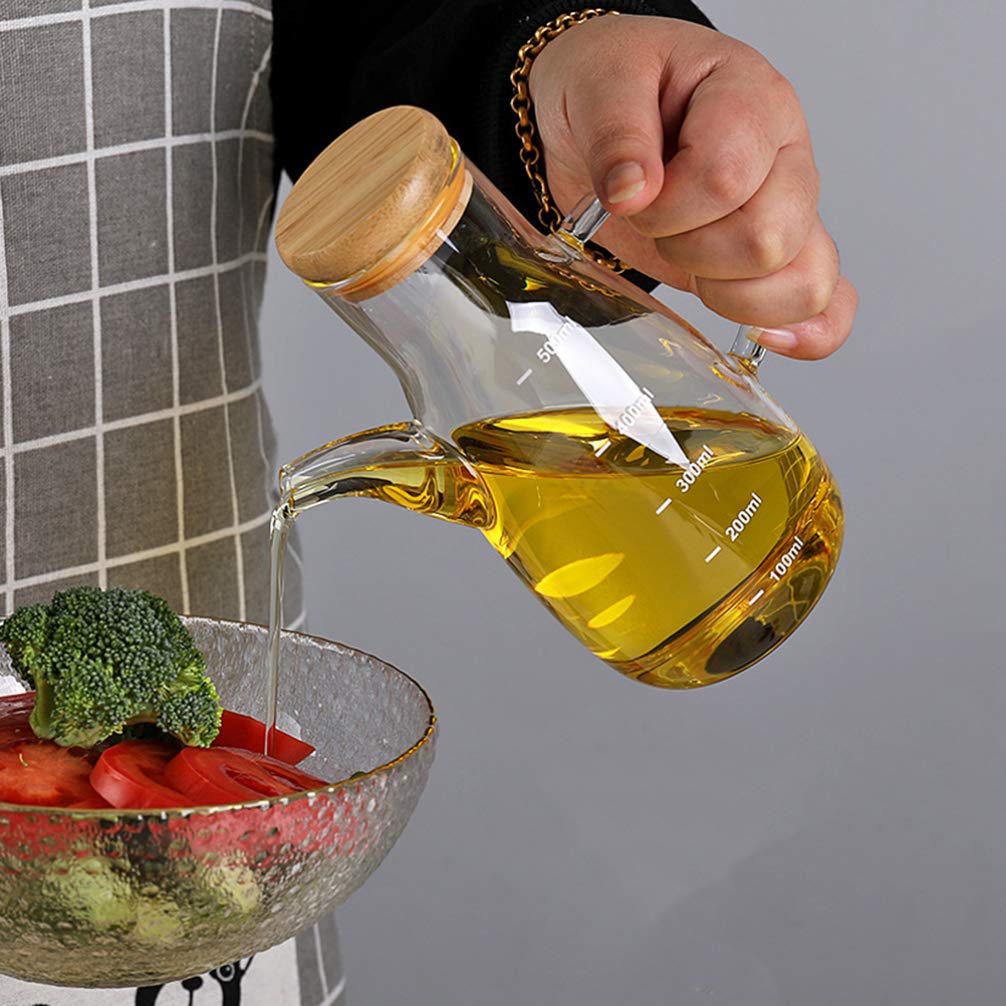 900ml Automatic Oil Dispenser/Pot with Wooden Lid and Handle Leak-Proof Transparent Cooking Oil Bottle for Kitchen, Salad, Vinegar, and Frying use drip-free spout to ensure mess-free dispensing of oil