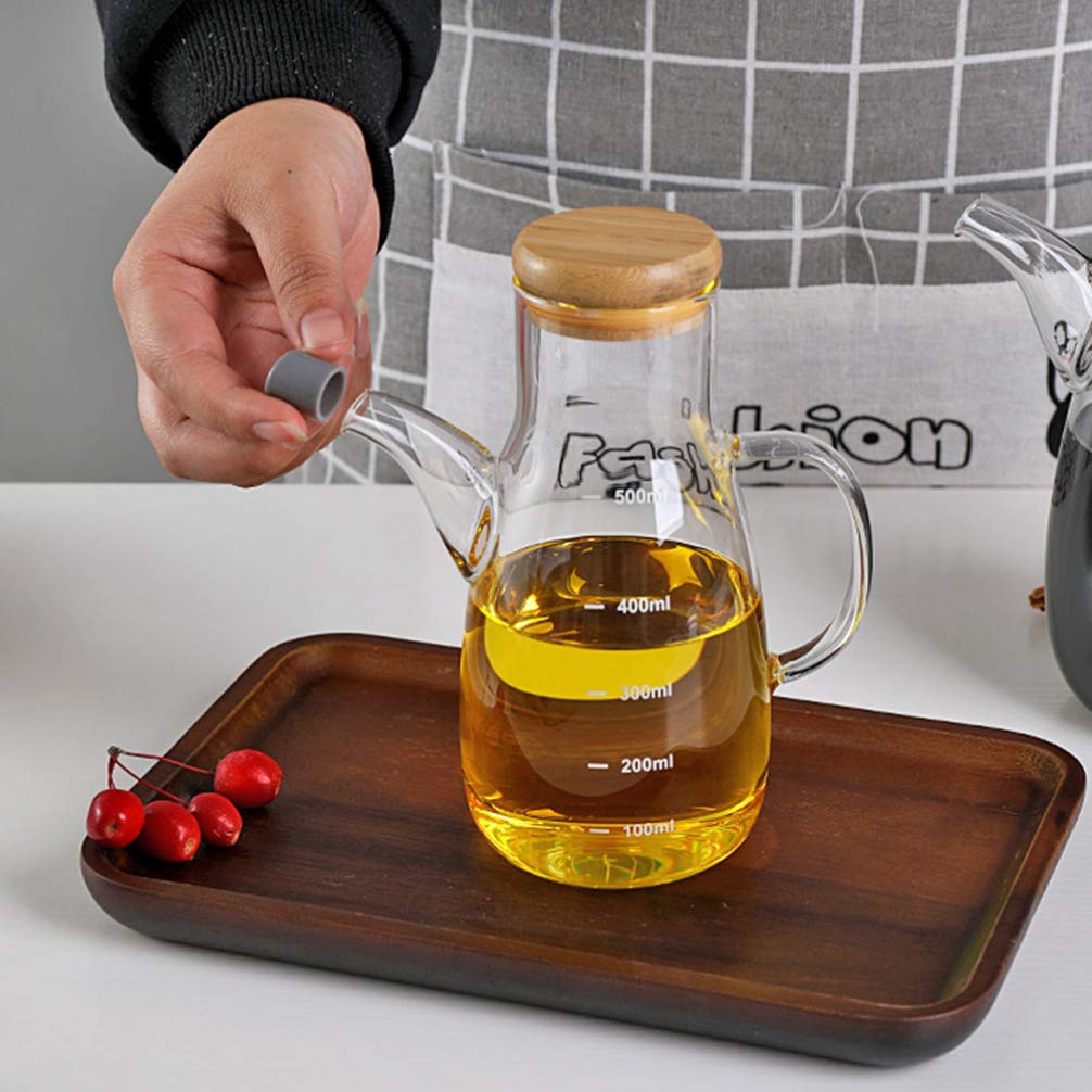 900ml Automatic Oil Dispenser/Pot with Wooden Lid and Handle Leak-Proof Transparent Cooking Oil Bottle for Kitchen, Salad, Vinegar, and Frying use drip-free spout to ensure mess-free dispensing of oil
