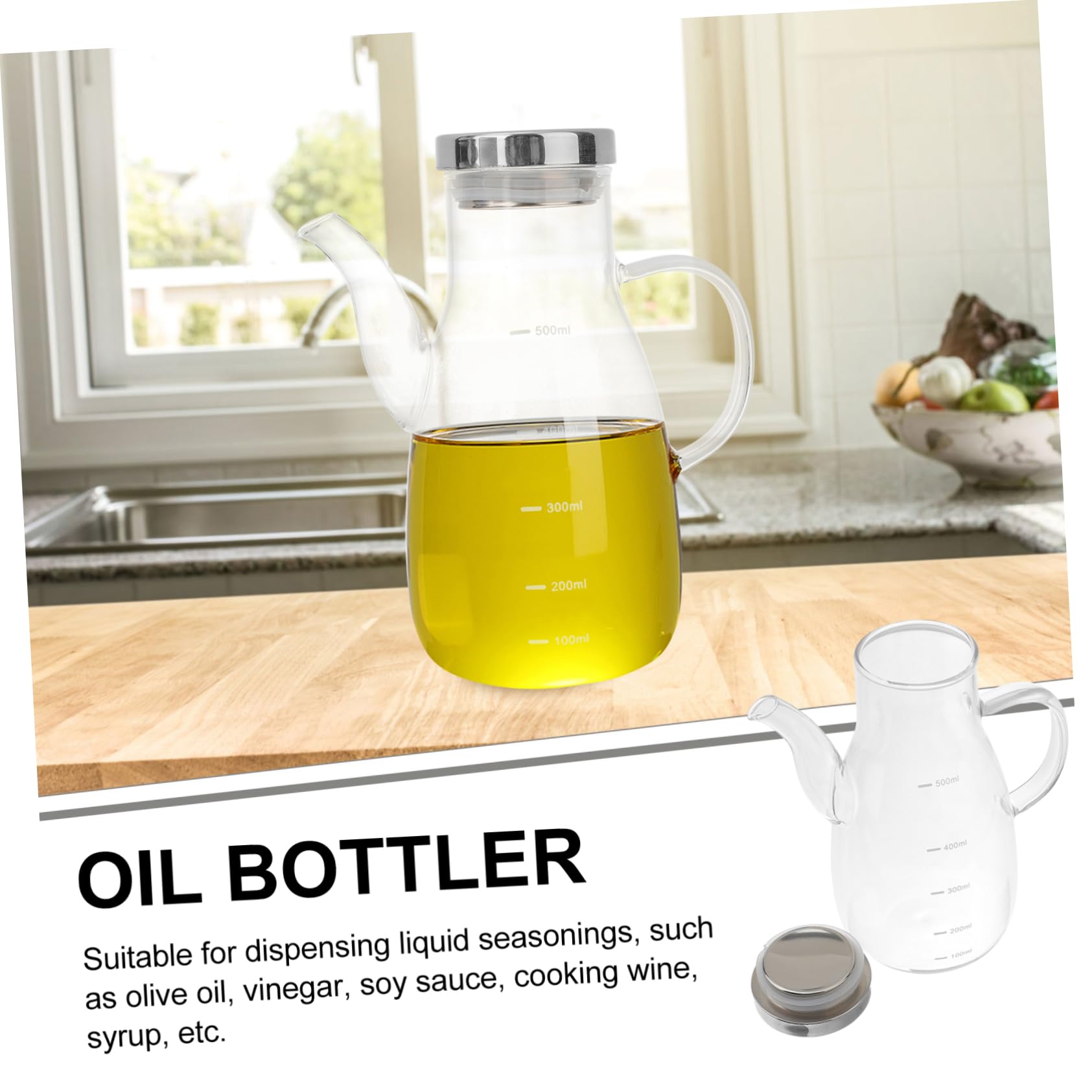 900ml Automatic Oil Dispenser/Pot with Wooden Lid and Handle Leak-Proof Transparent Cooking Oil Bottle for Kitchen, Salad, Vinegar, and Frying use drip-free spout to ensure mess-free dispensing of oil