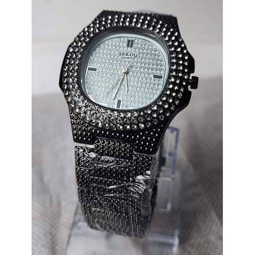 Sekou Ice watch brand new ice .Full rhinestone or crystal coverage on the dial and metal chain strap as unisex, often styled with an oblong case and protective "ear" designs around the crown.