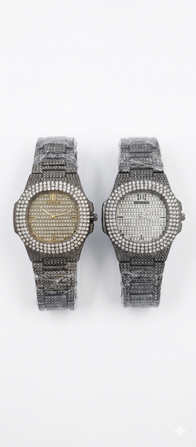 Sekou Ice watch brand new ice .Full rhinestone or crystal coverage on the dial and metal chain strap as unisex, often styled with an oblong case and protective "ear" designs around the crown.