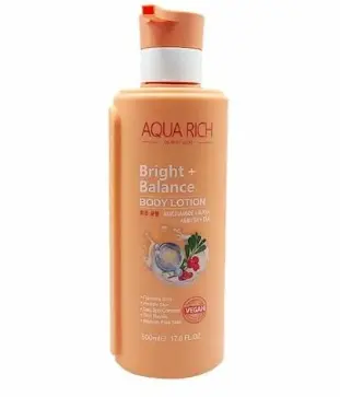 Aqua Rich Best bright+ balance body lotion niacinamide + alpha arbutin+TXA 500ml brightening and balancing benefits, working to fade dark spots, even skin tone, reduce blemishes, deep hydration.