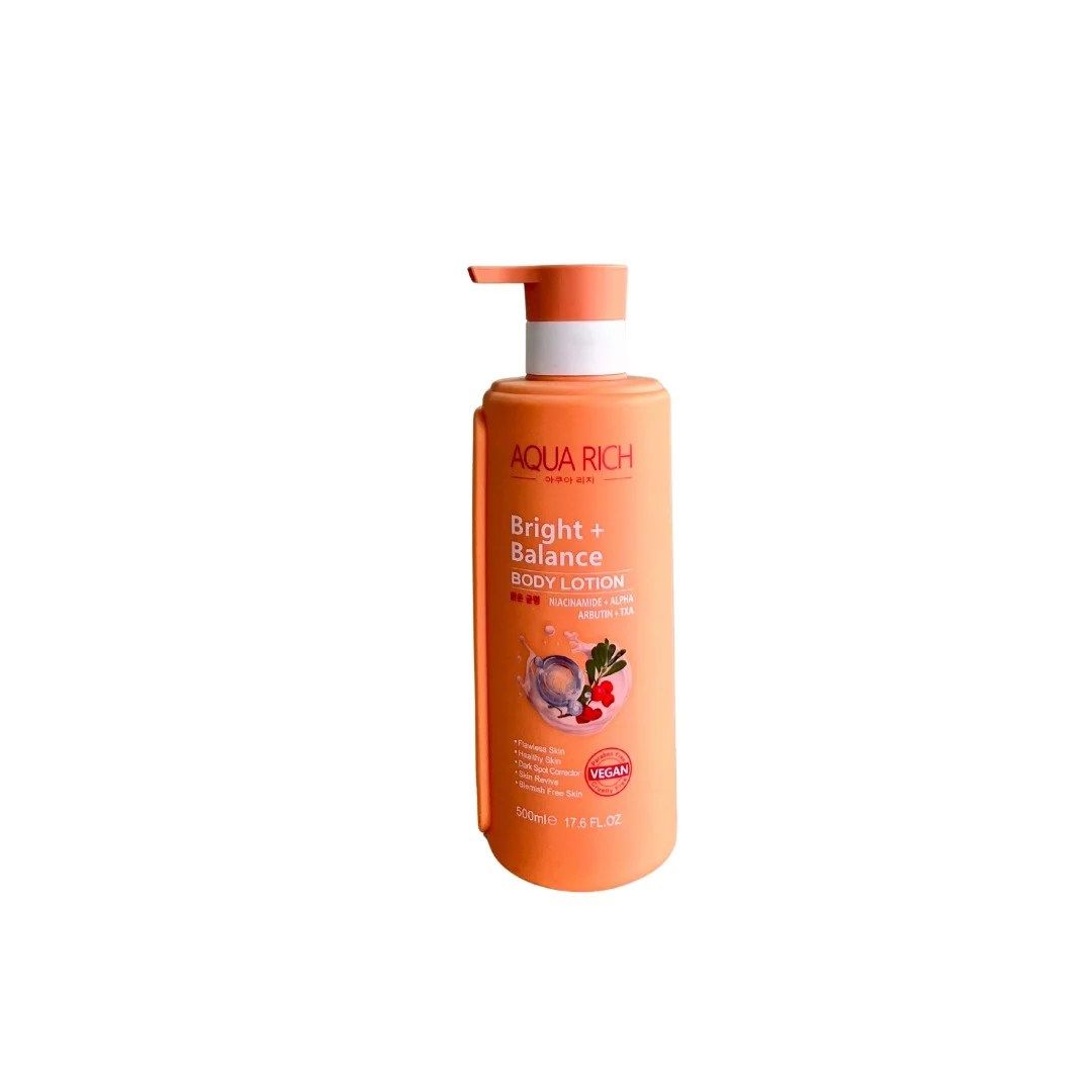 Aqua Rich Best bright+ balance body lotion niacinamide + alpha arbutin+TXA 500ml brightening and balancing benefits, working to fade dark spots, even skin tone, reduce blemishes, deep hydration.
