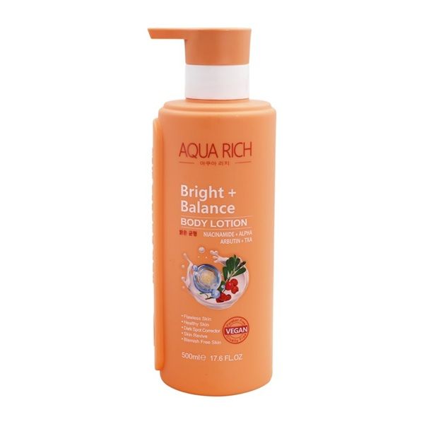 Aqua Rich Best bright+ balance body lotion niacinamide + alpha arbutin+TXA 500ml brightening and balancing benefits, working to fade dark spots, even skin tone, reduce blemishes, deep hydration.