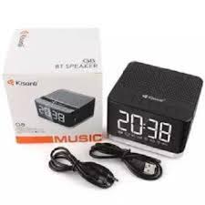 Kisonli G8 Bluetooth Alarm Clock Speaker. It includes an alarm clock, LCD display, hands-free calling via built-in microphone, FM radio, and supports USB, TF/SD card, and AUX inputs.