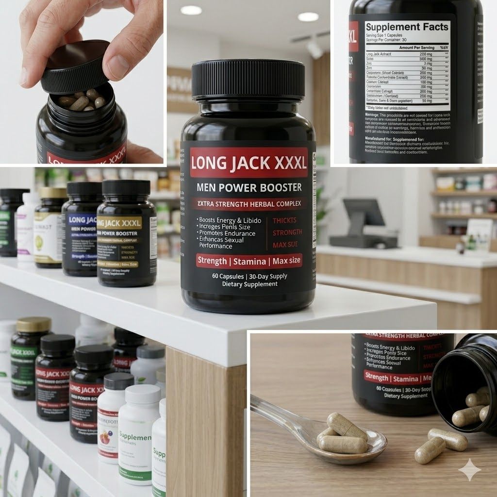 Long Jack XXXL Men Power Booster," a dietary supplement marketed for sexual enhancement and energy.
