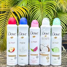Dove deo spray pomegranate, 150ml Dove Antiperspirant Deodorant Sprays, primarily from the Go Fresh and Nourishing Secrets lines or providing long-lasting protection (up to 48 or 72 hours.