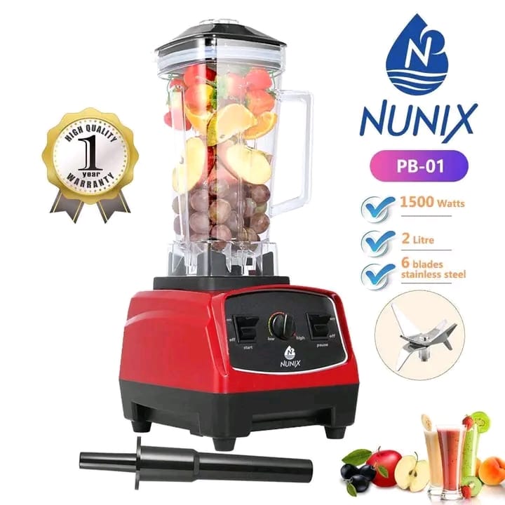 🪻PREMIUM🪻NUNIX HIGH QUALITY 2L BLENDER, COMMERCIAL BLENDER.KEY FEATURES
2 litre jar
1500w
large capacity plastic jar 
 
7025 pure copper color cutting blades
 
3 speeds with pulse function P-0-1-2-3