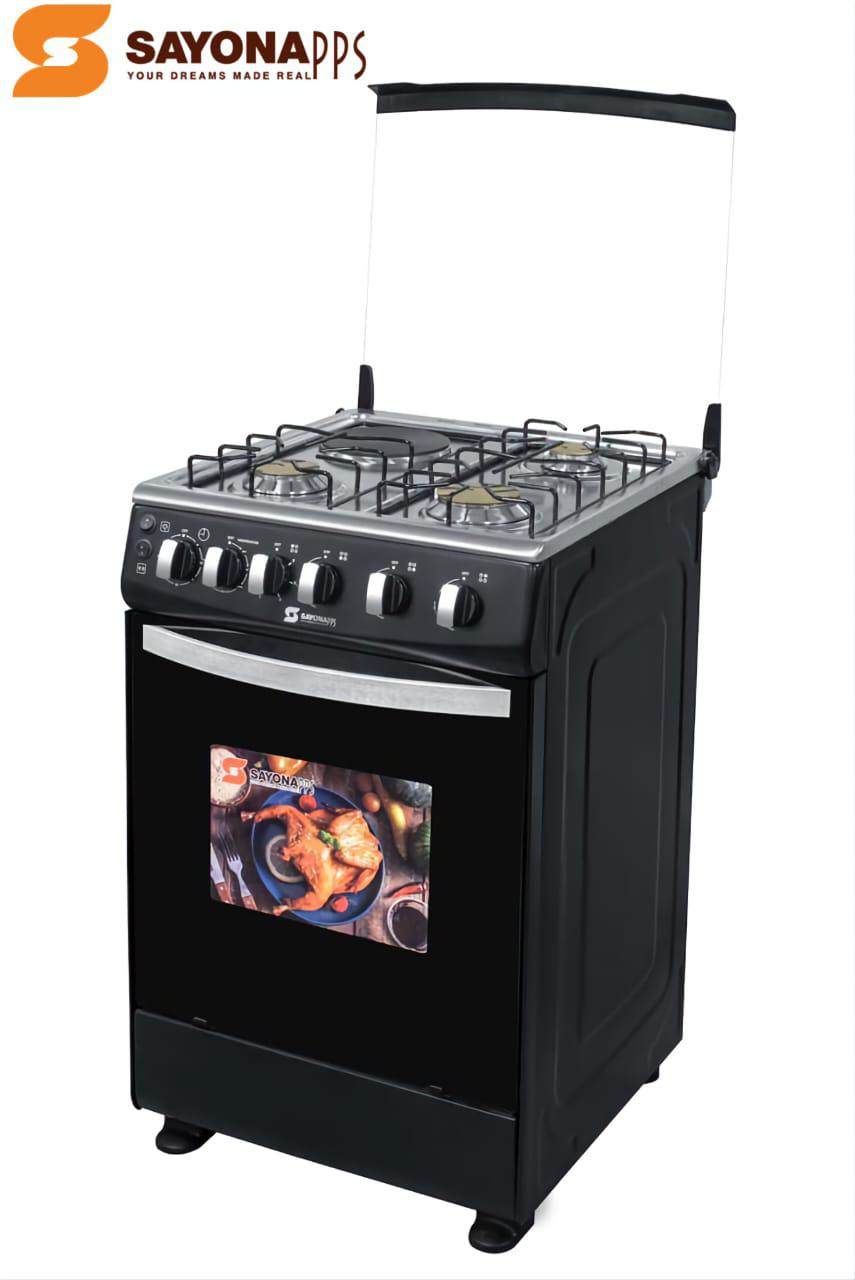 Black Sayona 3 Gas+1 Electric Plate Standing Cooker With Gas Oven - 3 gas burners and 1 electric plate Down burner in gas oven,Stainless Steel cooktop, 1 Oven tray and 1 Oven grill, 60 litres gas oven