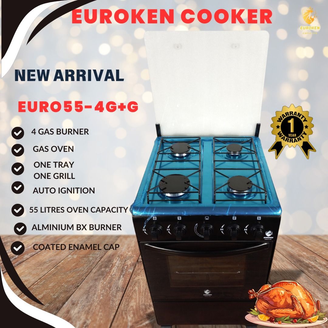 FULL EUROKEN STANDING GAS COOKER WITH GAS OVEN- Standing Cooker, a versatile culinary companion, Polished stainless steel body for durability and elegance, Transparent glass lid for easy monitoring.