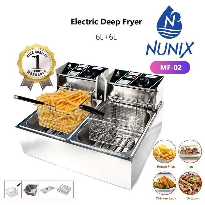 Nunix Double Tank 6+6LT CHIPS/CHICKEN Stainless Steel double Deep Fryer - The Heavy duty stainless steel construction
The Dual electrical heads and power plugs for single large capacity tank.