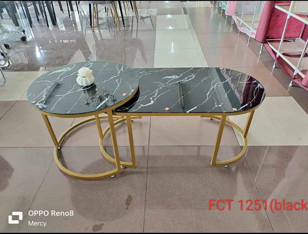 BLACK MARBLE COFFEE TABLE (GLASS EFFECT ) - Scalable design, Rounded sides, Metal steel frame, Easy to install.