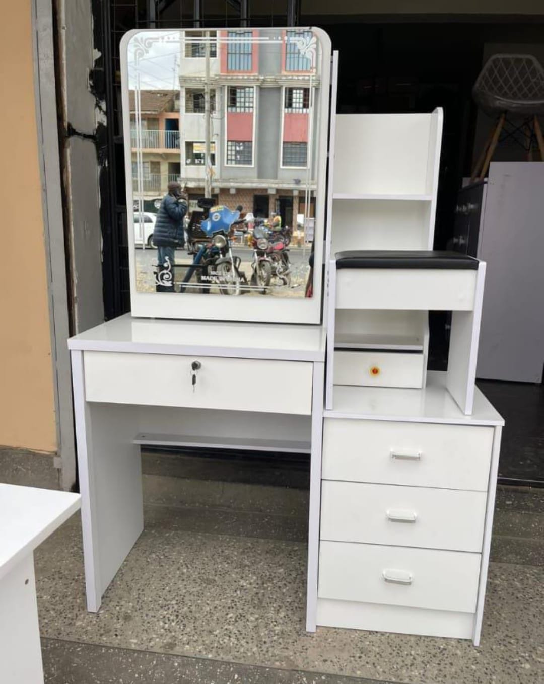 Dressing Table With Sliding Mirror - Dressing tables and stools are made of shaving board, durable, stable, and environmentally friendly, The stool adds a soft sponge pad to make you feel more comfort