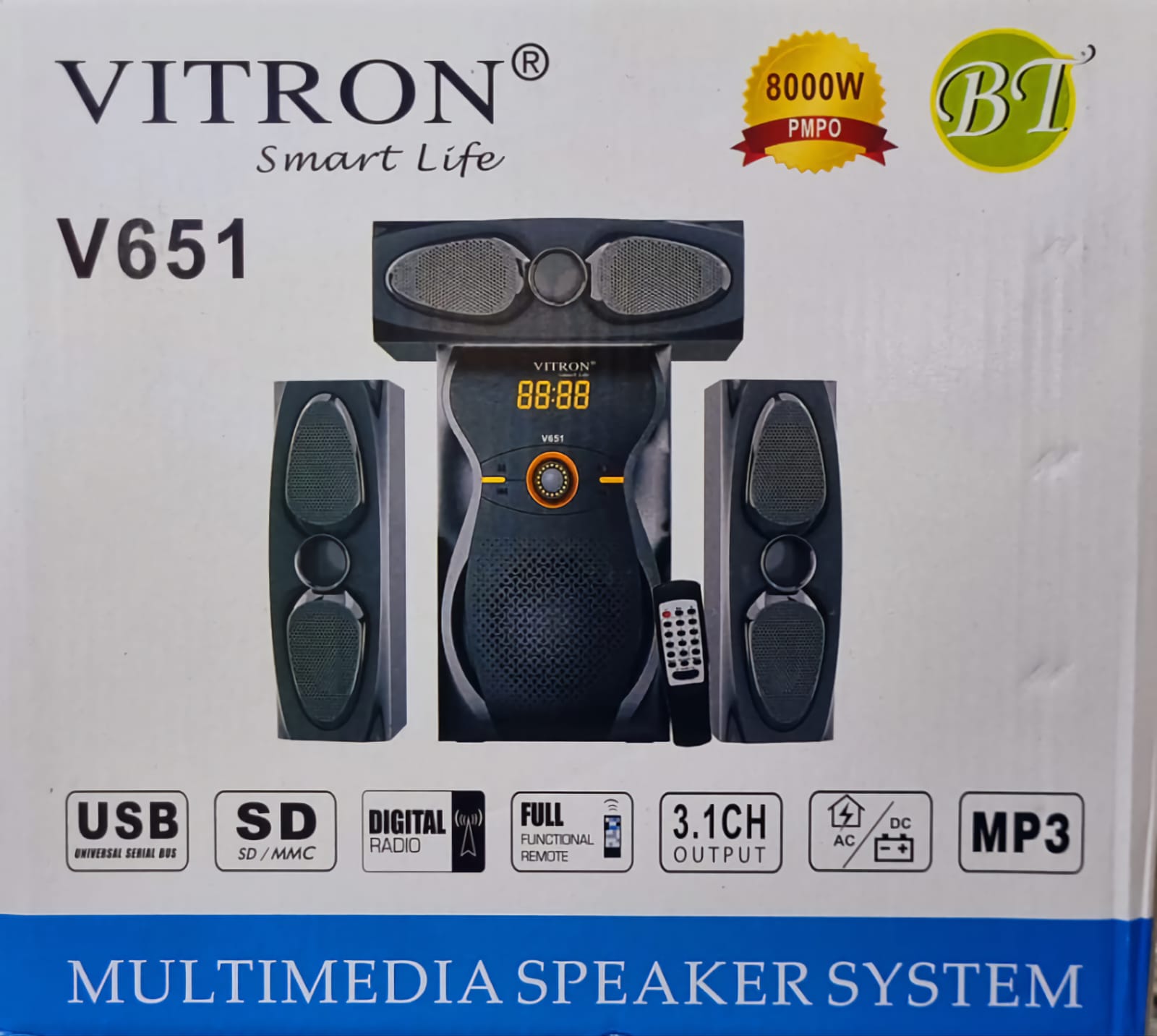 Vitron V651 Multimedia Speaker System Fm/Bt/Usb - Remote, 8000w P.M.P.O, Bluetooth, Aux/Digital FM ready, USB Support, SD .
