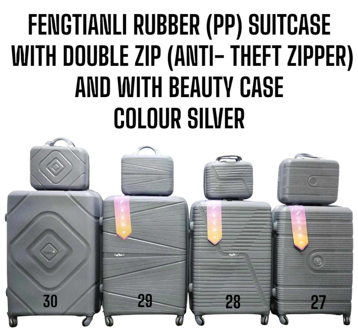 4 IN 1 FENGTIANLI RUBBER SUITCASE WITH DOUBLE ZIP AND WITH BEAUTY CASE (SIZE 27) - 4 in1 rubber suitcase with makeup bag included, Unique design, Rubber Unbreakable material, Has safety pinlock system