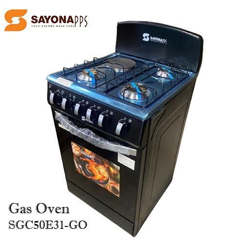 Black Sayona 3 Gas+1 Electric plate Standing Cooker With Gas Oven, Stainless Steel cooktop, 1 Oven tray and 1 Oven grill, 60 litres gas oven, Gas oven.