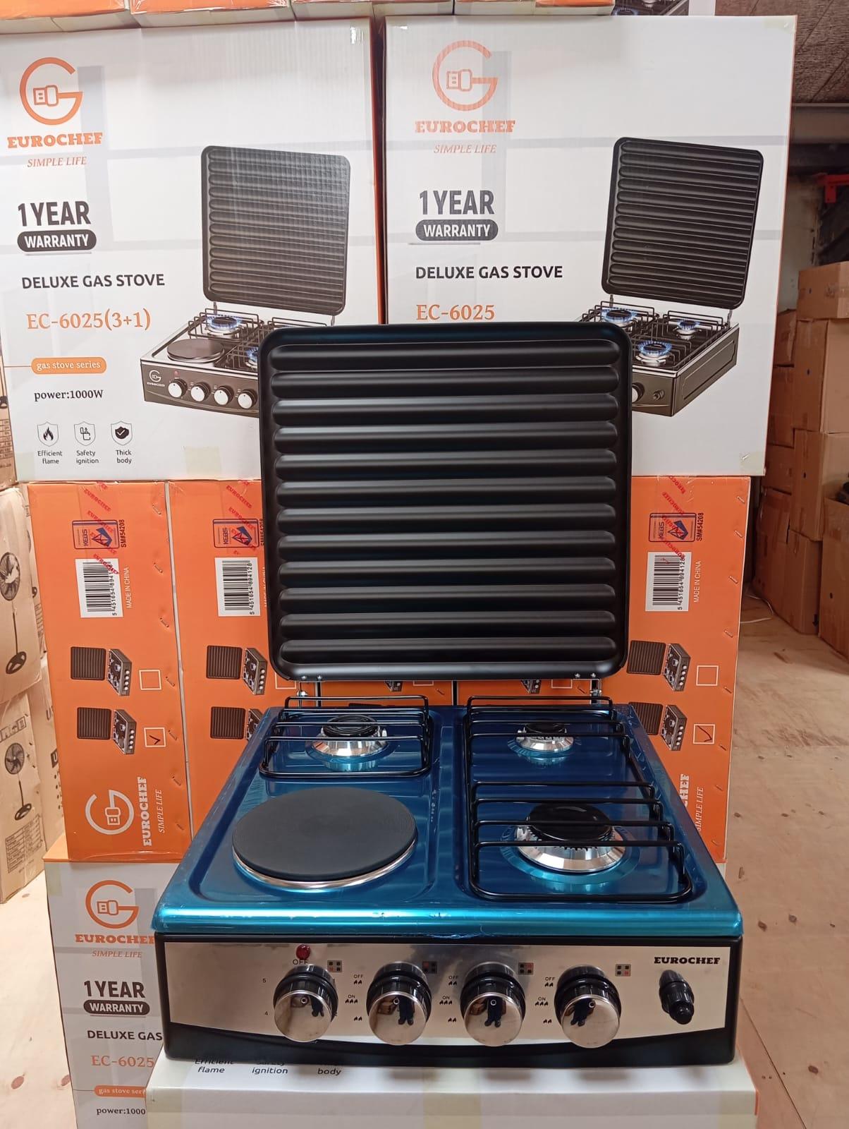 EuroChef 3 Gas + 1 Electric Tabletop Cooker – With three gas burners and one electric hot plate, you can cook multiple dishes at once, making meal preparation faster and easier.