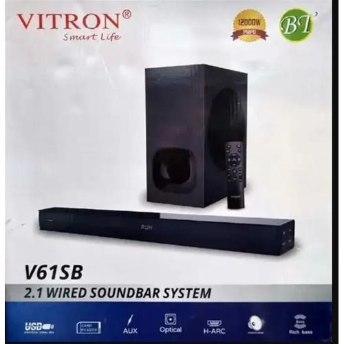 Vitron V61SB Soundbar – 1200W 2.1CH Wired System with Super Bass, Super bass technology for deep, punchy low tones, Wired connection for stable, high-quality sound.