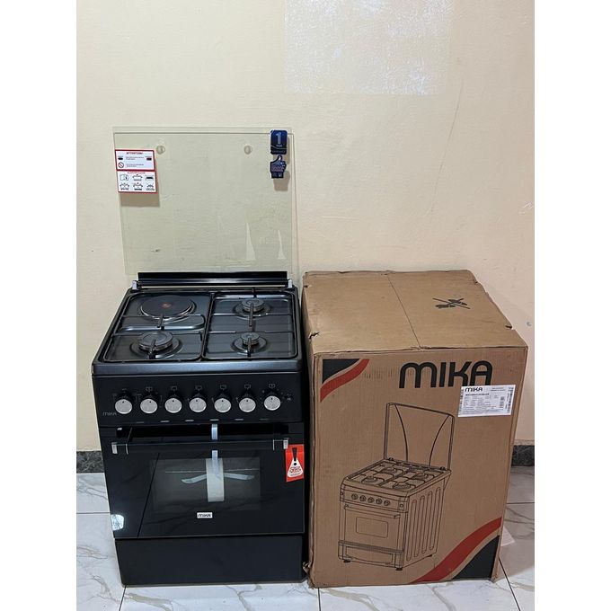 Mika Standing Cooker, 58cm x 58cm, 3 Gas Pool Jet Burners + 1 RAPID Hot Plate, Button Ignition, 3 Function Electric Oven, Matt Black WITH FREE PIPE AND REGULATOR AND CLIPS