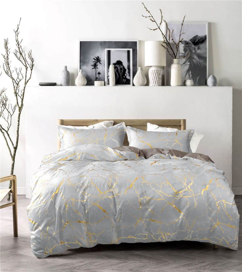 Luxury Gold Marble texture Foil style Duvet cover Set (1Duvet cover,2pillowcases,Bedsheet,)Soft,  durable and breathable suitable for all seasons