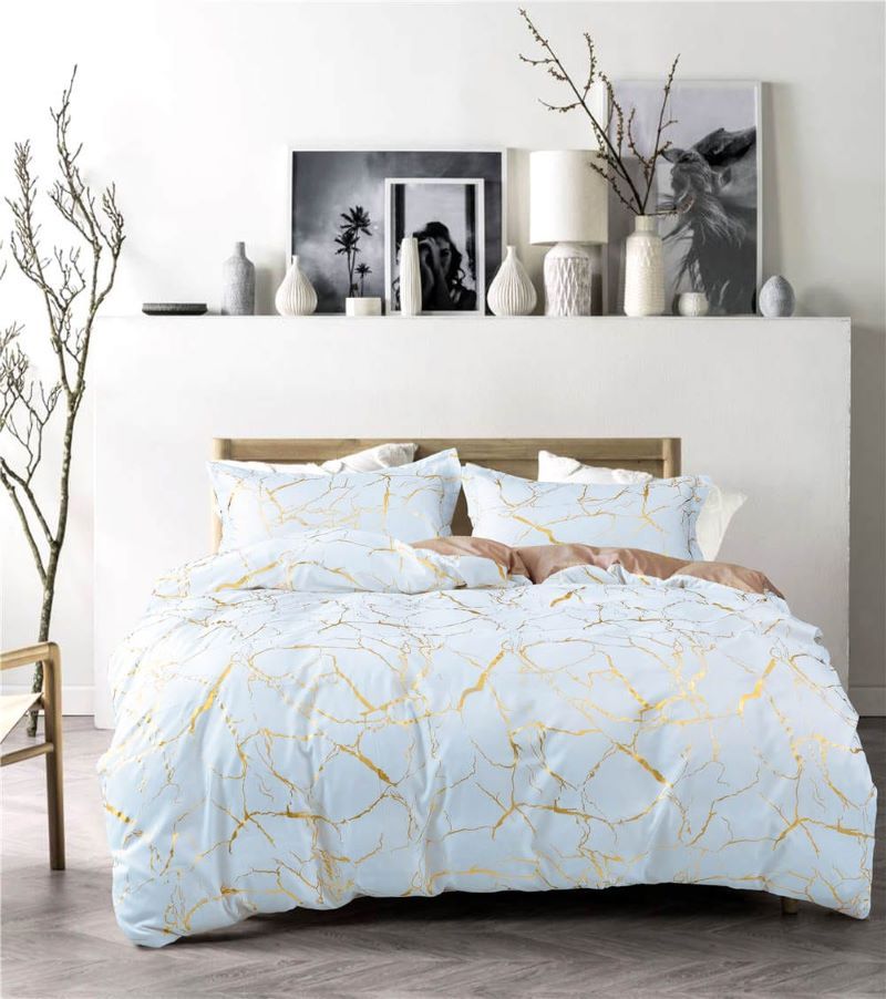 Luxury Gold Marble texture Foil style Duvet cover Set (1Duvet cover,2pillowcases,Bedsheet,)Soft,  durable and breathable suitable for all seasons