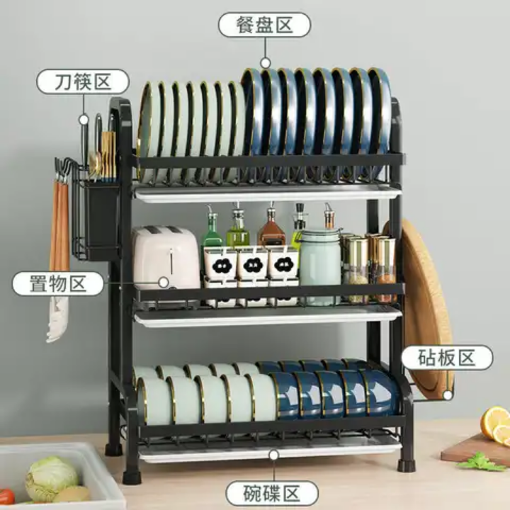 Dish rack 3 layers metallic dish rack strong dish organizer 3 tier kitchen utensils organizer dish drainer stable and strong dish rack