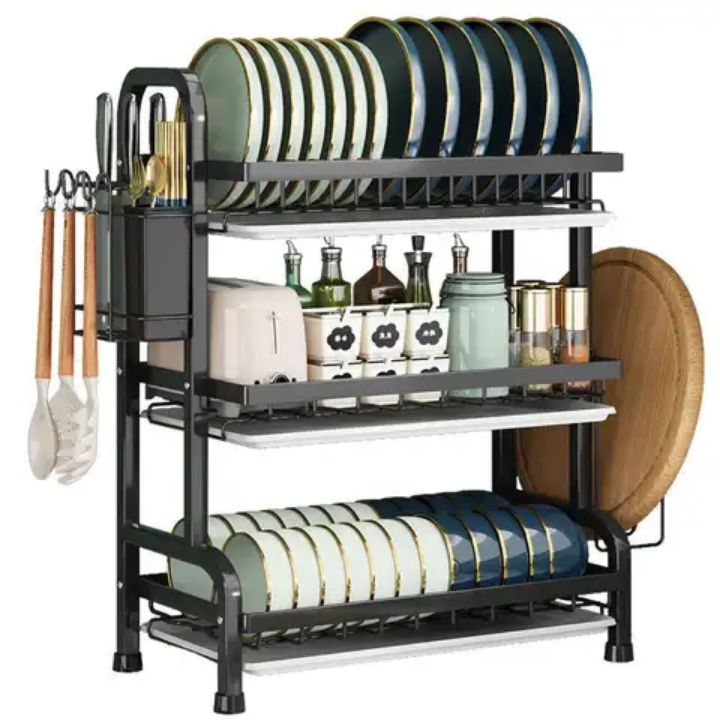 Dish rack 3 layers metallic dish rack strong dish organizer 3 tier kitchen utensils organizer dish drainer stable and strong dish rack