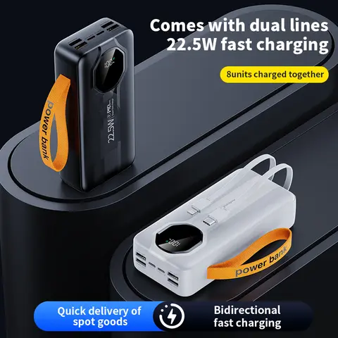Powerbank 30,000mAh high capacity super fast charging ,ultra slim Portable with plastic handle strap
Actual capacity powerbank with type C and iphone inbuilt charging cables and 4 universal USB cha