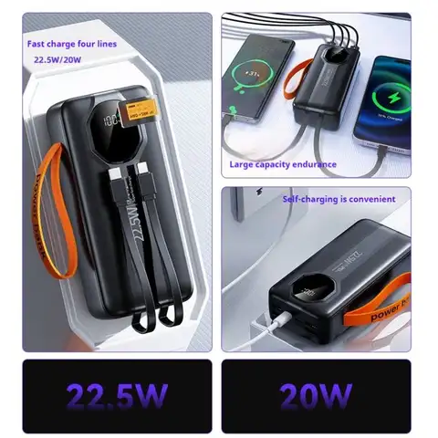 Powerbank 30,000mAh high capacity super fast charging ,ultra slim Portable with plastic handle strap
Actual capacity powerbank with type C and iphone inbuilt charging cables and 4 universal USB cha