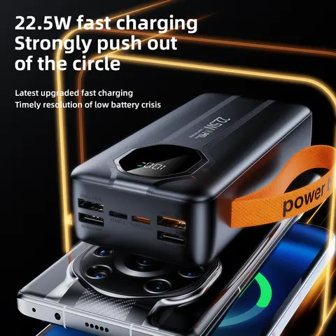 Powerbank 30,000mAh high capacity super fast charging ,ultra slim Portable with plastic handle strap
Actual capacity powerbank with type C and iphone inbuilt charging cables and 4 universal USB cha