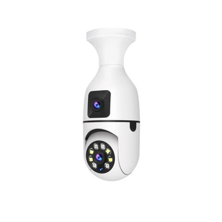 Dual lens CCTV camera This Double Lens PTZ Bulb WiFi camera can be used to monitor two activities simultaneously.

One lens is fixed for monitoring one area constantly. The other lens is a PTZ camera