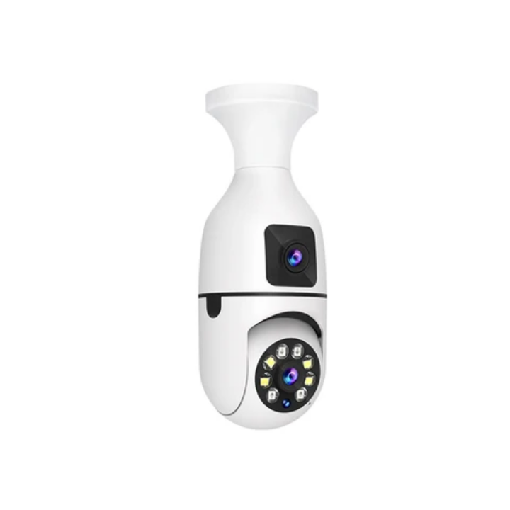Dual lens CCTV camera This Double Lens PTZ Bulb WiFi camera can be used to monitor two activities simultaneously.

One lens is fixed for monitoring one area constantly. The other lens is a PTZ camera
