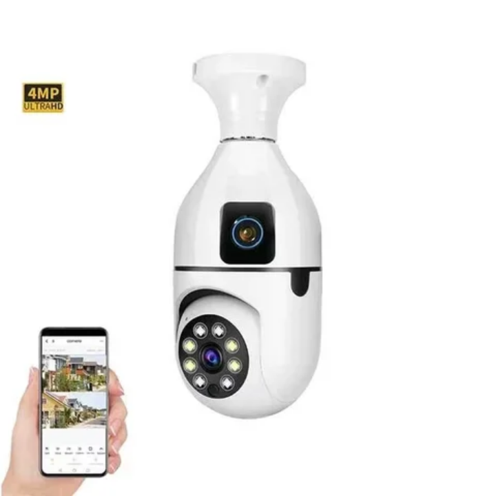Dual lens CCTV camera This Double Lens PTZ Bulb WiFi camera can be used to monitor two activities simultaneously.

One lens is fixed for monitoring one area constantly. The other lens is a PTZ camera