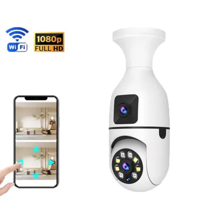 Dual lens CCTV camera This Double Lens PTZ Bulb WiFi camera can be used to monitor two activities simultaneously.

One lens is fixed for monitoring one area constantly. The other lens is a PTZ camera