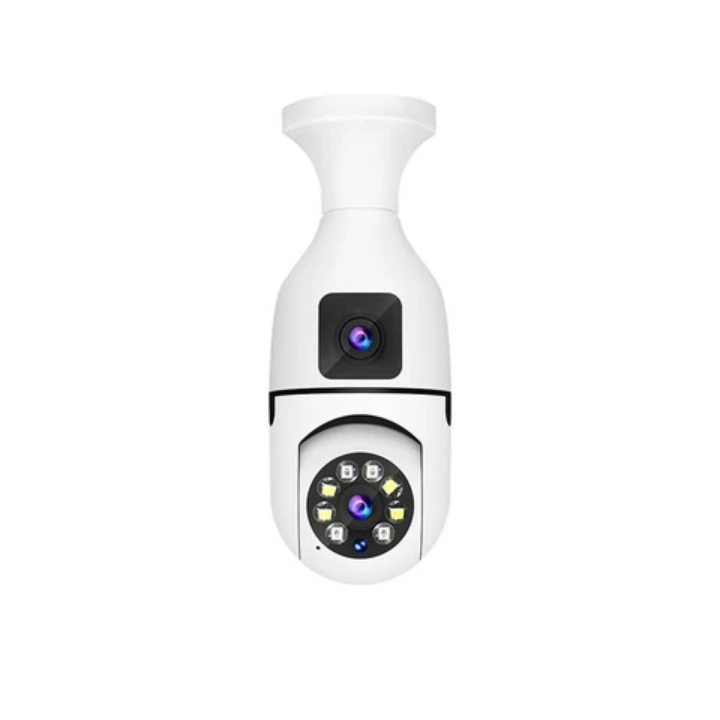 Dual lens CCTV camera This Double Lens PTZ Bulb WiFi camera can be used to monitor two activities simultaneously.

One lens is fixed for monitoring one area constantly. The other lens is a PTZ camera