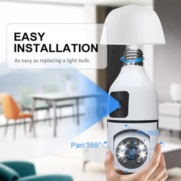 Dual lens CCTV camera This Double Lens PTZ Bulb WiFi camera can be used to monitor two activities simultaneously.

One lens is fixed for monitoring one area constantly. The other lens is a PTZ camera