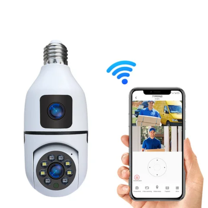 Dual lens CCTV camera This Double Lens PTZ Bulb WiFi camera can be used to monitor two activities simultaneously.

One lens is fixed for monitoring one area constantly. The other lens is a PTZ camera