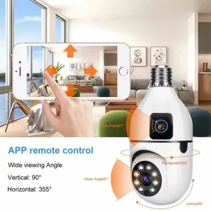 Dual lens CCTV camera This Double Lens PTZ Bulb WiFi camera can be used to monitor two activities simultaneously.

One lens is fixed for monitoring one area constantly. The other lens is a PTZ camera