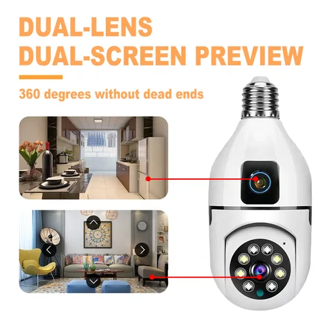 CCTV BULB CAMERA Dual Lens PTZ Bulb Camera 360° 1080P with Motion Tracking, Night Vision Two-Way Audio,