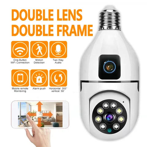 CCTV BULB CAMERA Dual Lens PTZ Bulb Camera 360° 1080P with Motion Tracking, Night Vision Two-Way Audio,