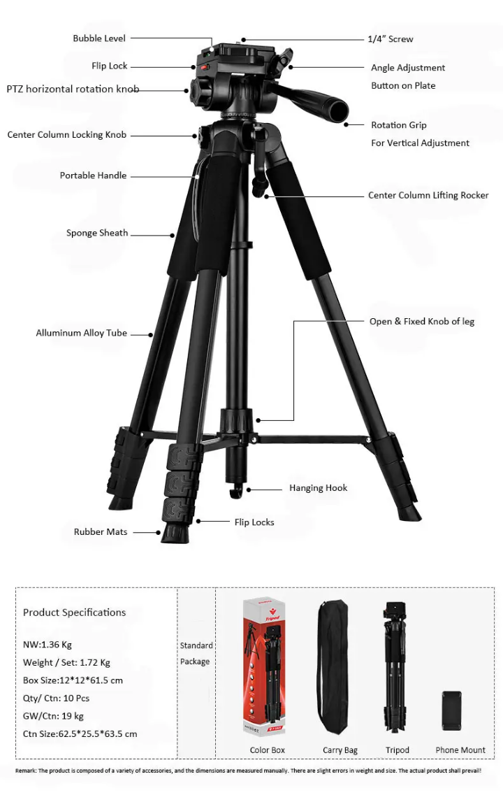 Professional heavy duty tripod stand with 2.1m extended height suitable for all shooting needs,live streaming, TikTok, podcast etc