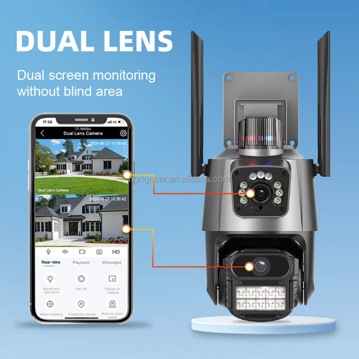 Icsee  Dual lens CCTV WIFI CAMERA outdoor waterproof CCTV camera with motion tracking, siren, two way communication,HD super clear video,SD card & cloud storage option (not provided),night vision,360°
