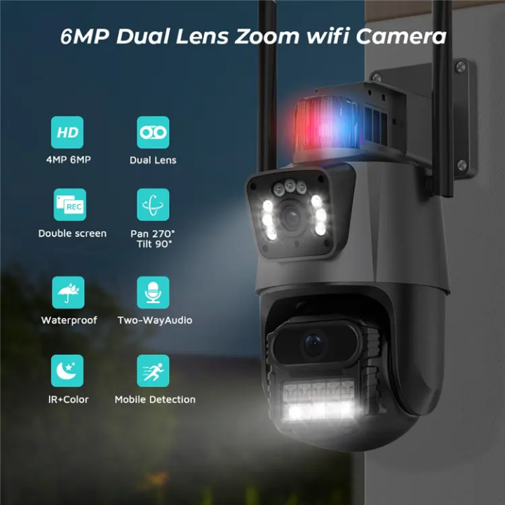 Icsee  Dual lens CCTV WIFI CAMERA outdoor waterproof CCTV camera with motion tracking, siren, two way communication,HD super clear video,SD card & cloud storage option (not provided),night vision,360°
