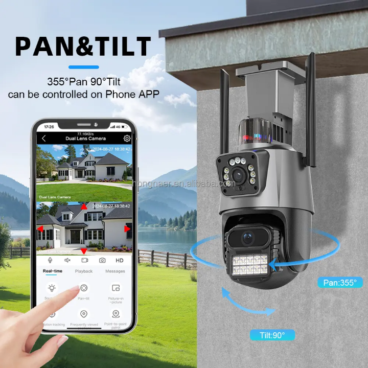 Icsee  Dual lens CCTV WIFI CAMERA outdoor waterproof CCTV camera with motion tracking, siren, two way communication,HD super clear video,SD card & cloud storage option (not provided),night vision,360°