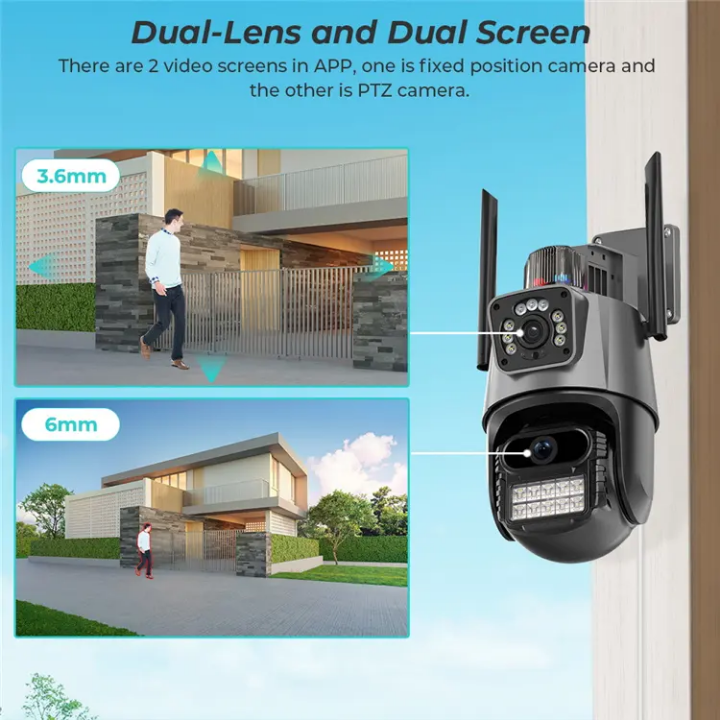 Icsee  Dual lens CCTV WIFI CAMERA outdoor waterproof CCTV camera with motion tracking, siren, two way communication,HD super clear video,SD card & cloud storage option (not provided),night vision,360°