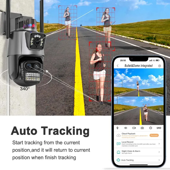 Icsee  Dual lens CCTV WIFI CAMERA outdoor waterproof CCTV camera with motion tracking, siren, two way communication,HD super clear video,SD card & cloud storage option (not provided),night vision,360°