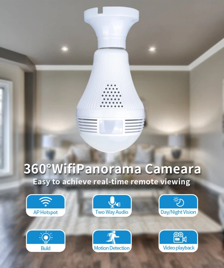 Wireless CCTV bulb camera smart wifi CCTV bulb camera Wireless nanny bulb CCTV camera nanny bulb camera motion tracking, siren, two way communication, night vision,4MP CCTV nanny CCTV camera
