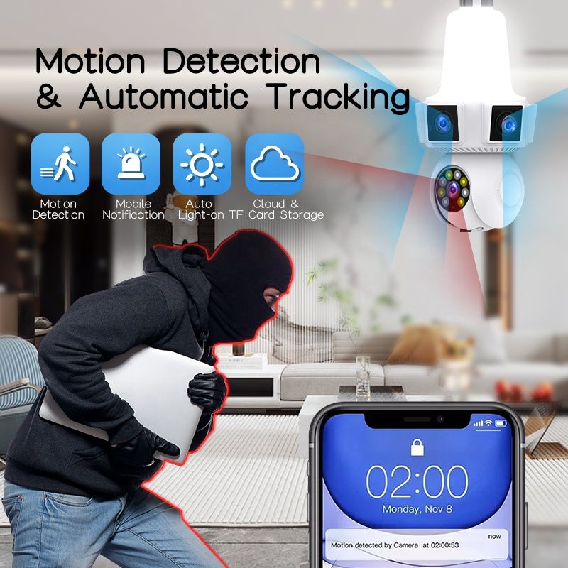 12mp E27 Three Lens Wireless Security Camera Light Bulb Home Two Way Audio Cctv Network Camera IP PTZ Mini Wifi Camera